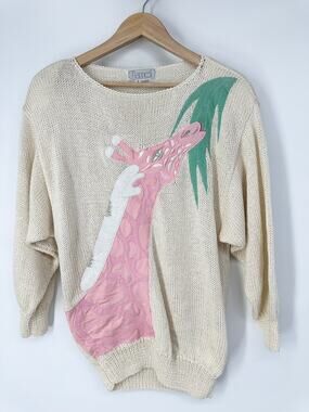 Vintage 90s 80s Hand Knit Giraffe Crew Sweater Novelty Patch Tropical Chunky